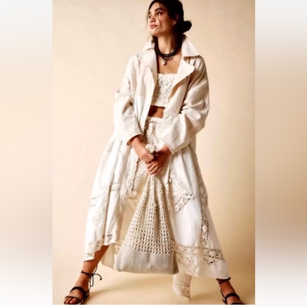 Free People Lily Duster Trench Coat Maxi Belted Lace Crochet Ivory Cream